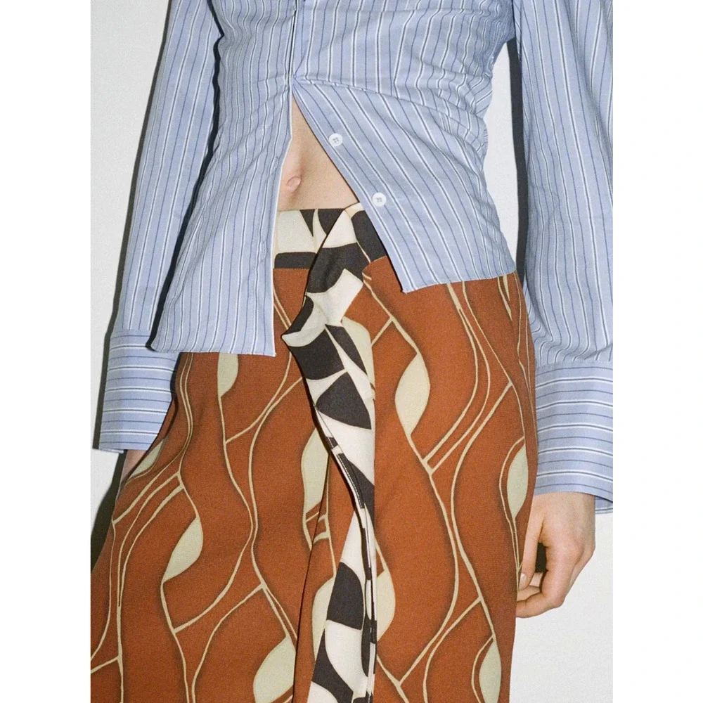 NWT MANGO MNG BROWN RUFFLE PRINT MIDI SKIRT SZ M